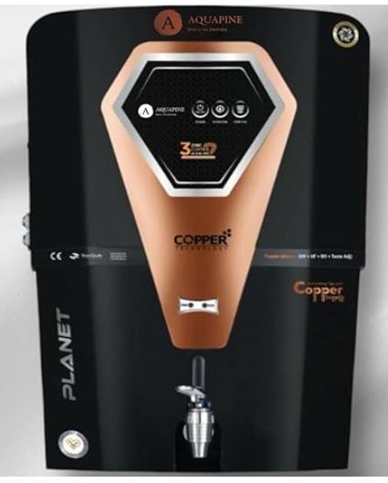 PlanetE - RO Water Purifier –(RO + UV + UF) with 12L Storage Tank, Elegant Black with Full Transparent Front with Copper